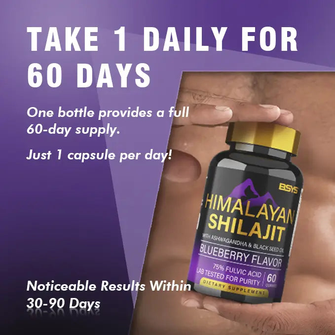 Black bottle with gold cap and purple label featuring bsys shilajit gummies blueberry flavor dietary supplement titled blueberry Himalayan shilajit gummies 60 count.
