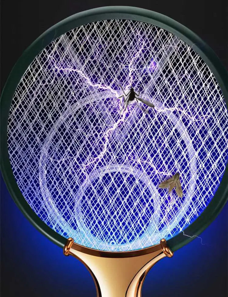 modern home bedroom electric mosquito swatter with a dark green handle, gold-colored base, and white mesh netting glowing with vibrant purple lightning effects.