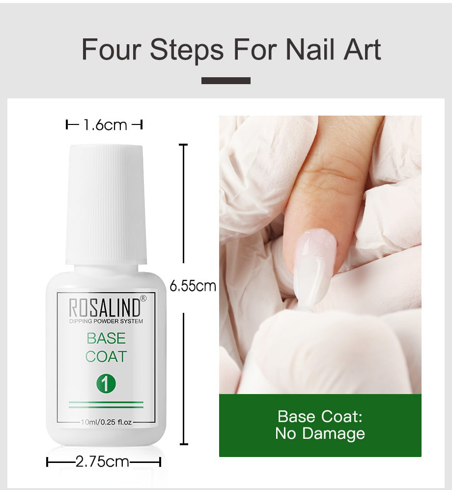 White plastic bottle of rosalind brand base coat part one in a dipping powder nail beauty set for nail art application.