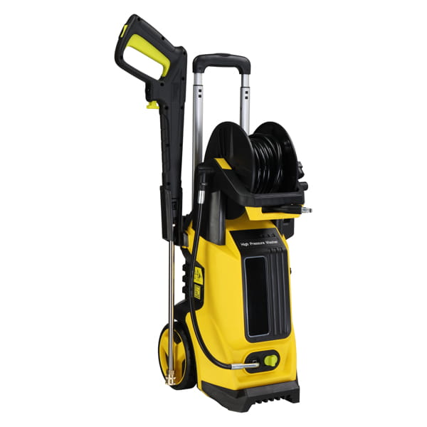Yellow and black high pressure cleaning machine with retractable hose reel, handle, and wheels for portable pressure cleaning.