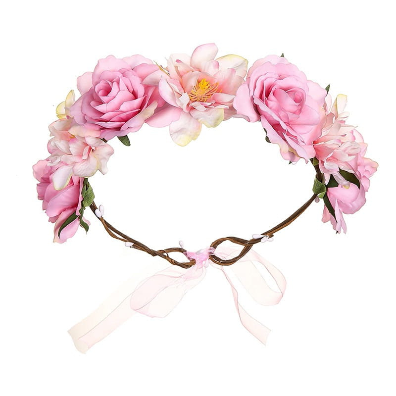 a fabric colorful rose flower garland hair accessory featuring a delicate pink floral headband with artificial fabric colorful roses and peonies on a woven brown vine base accented by a soft sheer ribbon bow