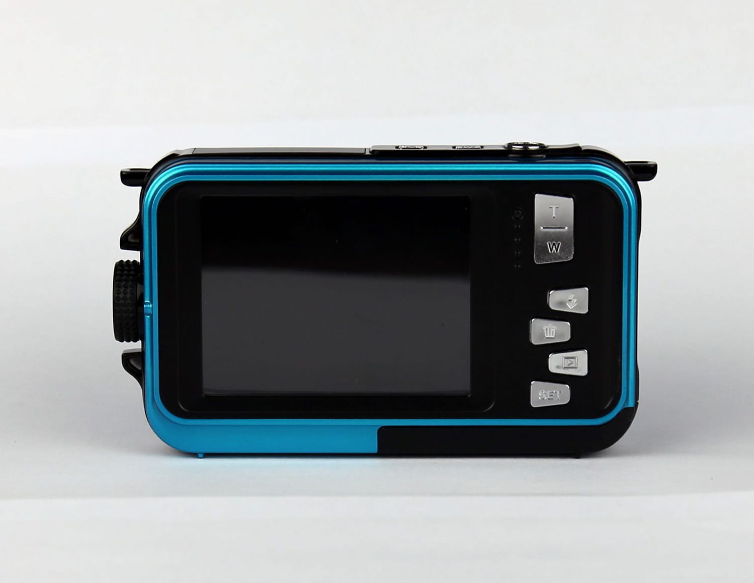 Blue and black waterproof digital camera with rugged rectangular design for outdoor use by Royale Essence Lux.