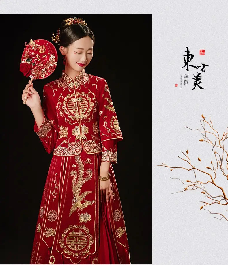 plus size red dragon embroidery bridal slimming toast dress featuring intricate gold embroidery and a matching ornate fan