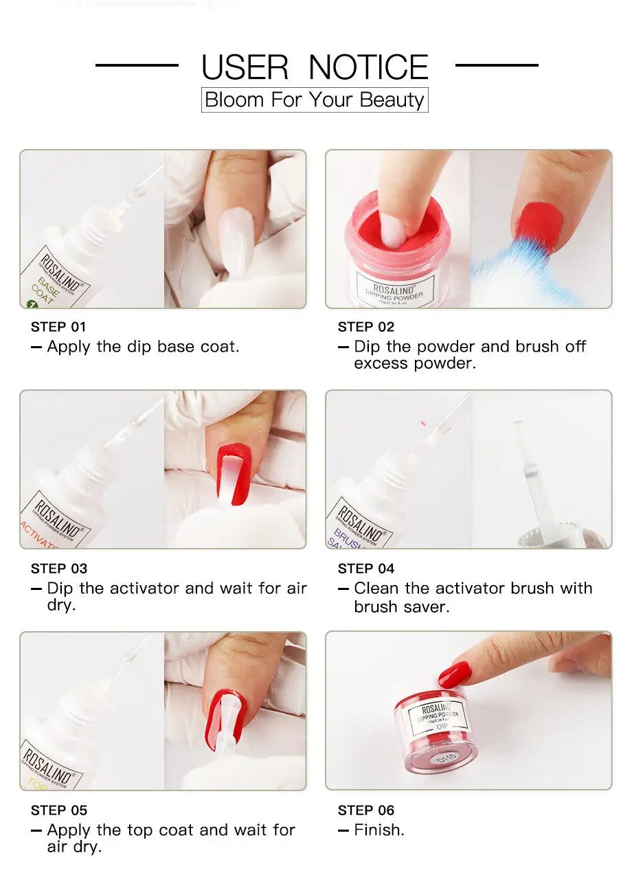 a clear jar containing red dipping powder branded rosalino with a white label as part of a nail beauty set with brush for professional nail beauty use