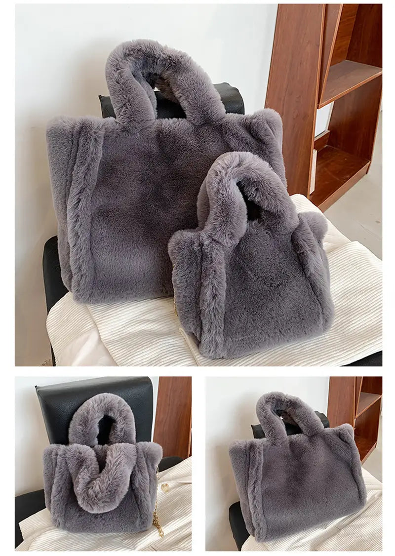 gray faux fur handbag with soft plush texture and rounded top handles designed as a chain plush handbag ideal for winter bags chain collections