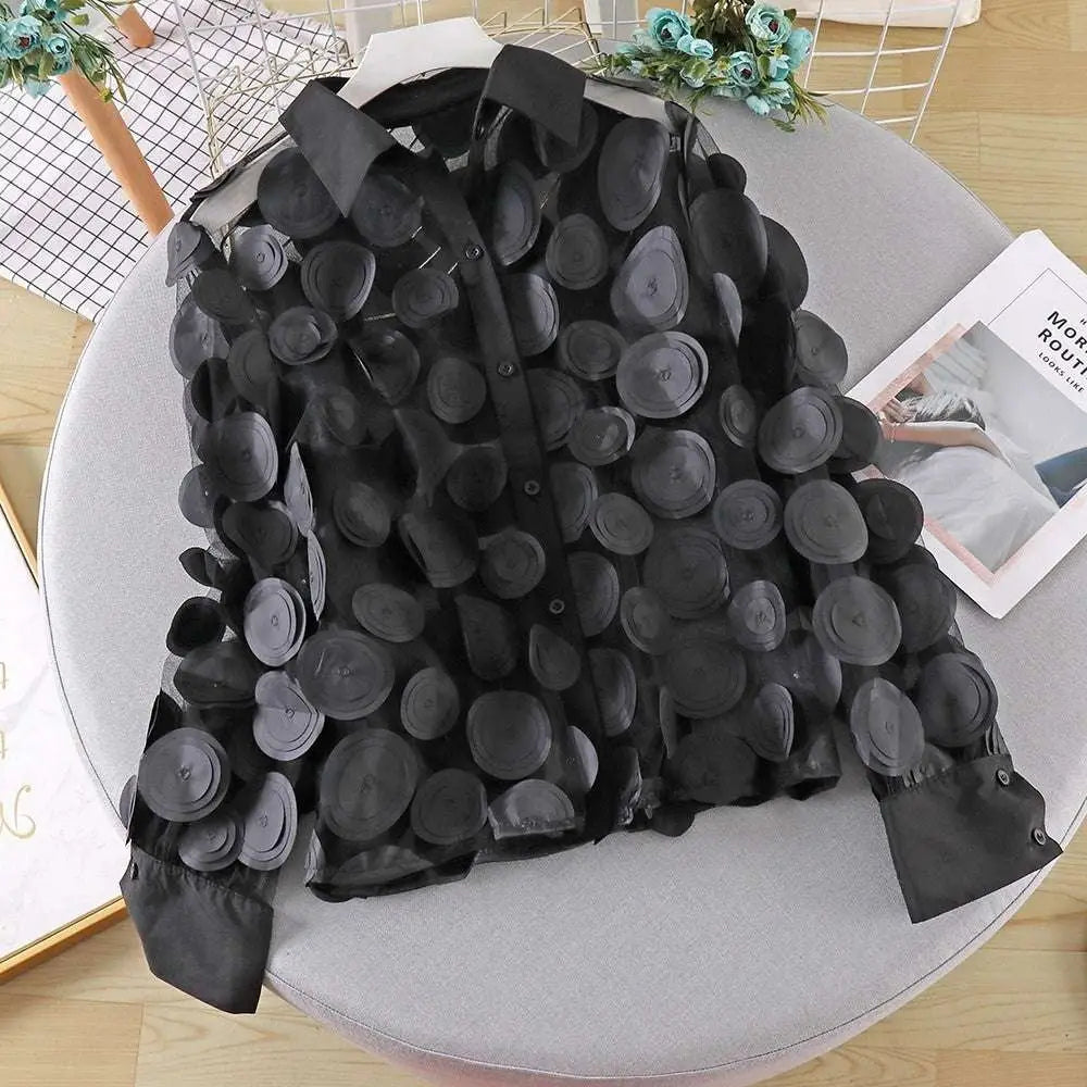 Black sheer chiffon gauzy shirt with layered circular fabric appliqués and delicate flower chiffon gauzy design