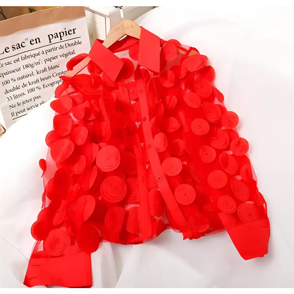 Red sheer 3d flower chiffon gauzy shirt with立体的红色玫瑰花饰 showcasing delicate floral design