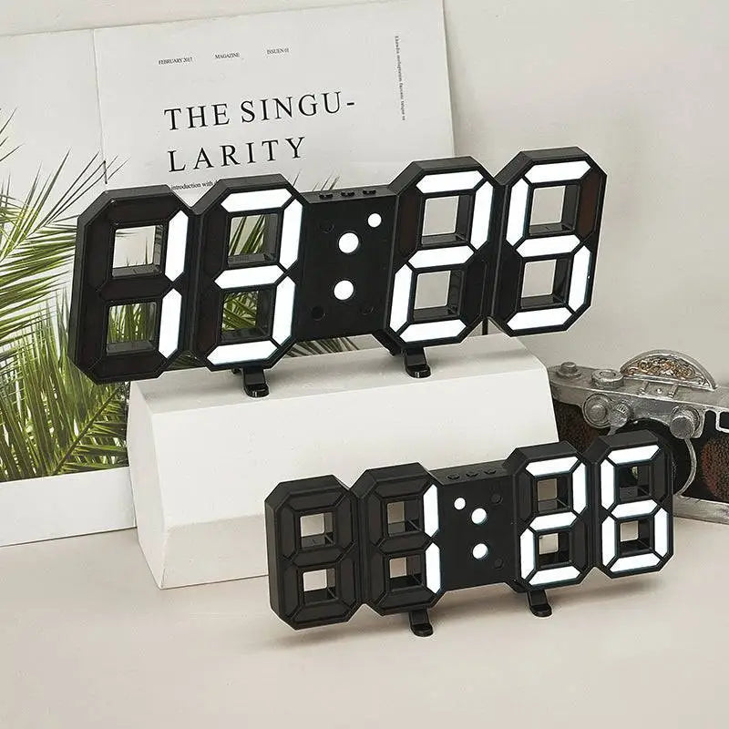 Black 3d remote control led digital wall clock with illuminated white led numbers and sleek modern design