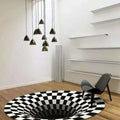 Black and white checkered circular vortex carpet black with 3d white grid optical illusion design rug