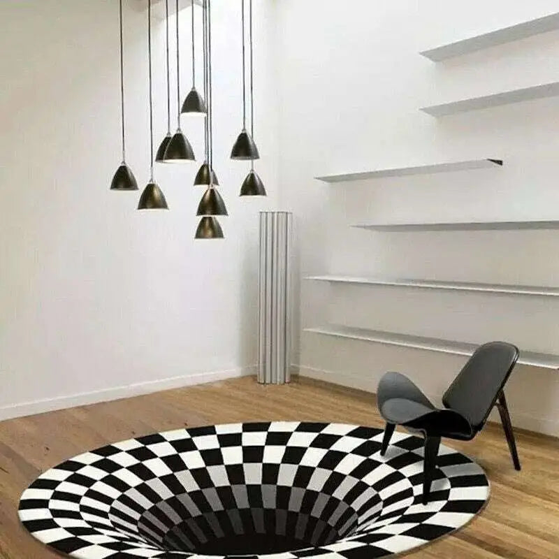 Black and white checkered circular vortex carpet black with 3d white grid optical illusion design rug