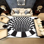 3d vortex carpet black and white grid optical rug with checkered 3d illusion design resembling a deep circular pit