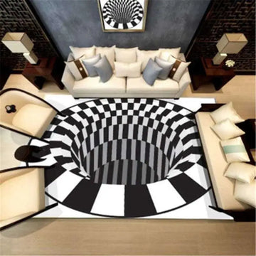 3d vortex carpet black and white grid optical rug with checkered 3d illusion design resembling a deep circular pit
