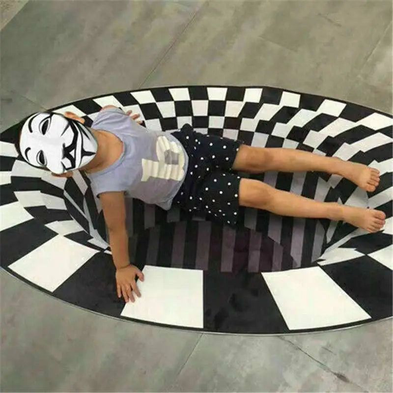 3d vortex carpet black and white grid optical rug with checkered 3d illusion design resembling a deep circular pit