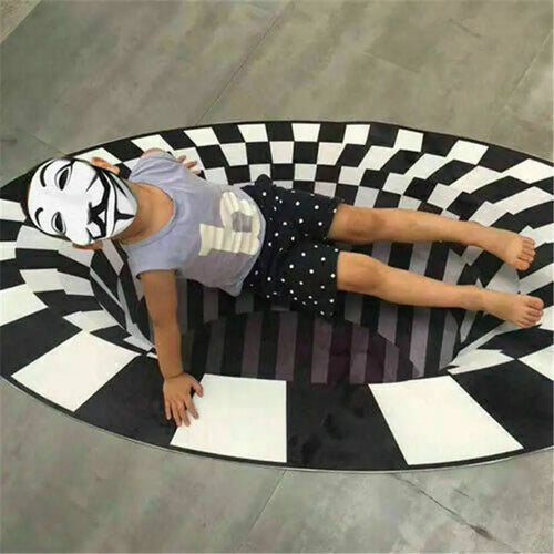 Black and white circular vortex carpet black with white grid optical illusion design for interior decor use