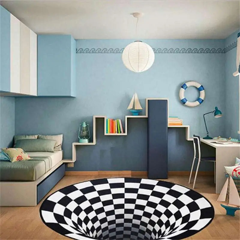 Black and white checkered circular vortex carpet black with a white grid optical illusion design for home decor