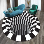 Circular vortex carpet black with white grid optical illusion rug featuring 3d tunnel design in black and white