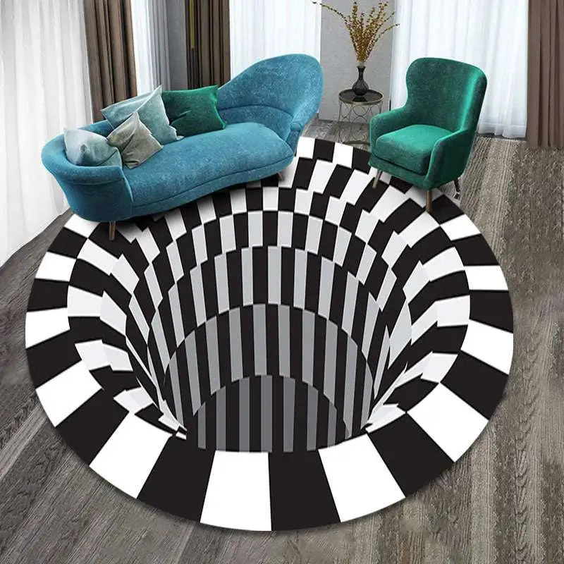 Circular vortex carpet black with white grid optical illusion rug featuring 3d tunnel design in black and white