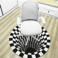 White ergonomic office chair with mesh back and padded seat on 3d vortex carpet black white grid optical illusion rug