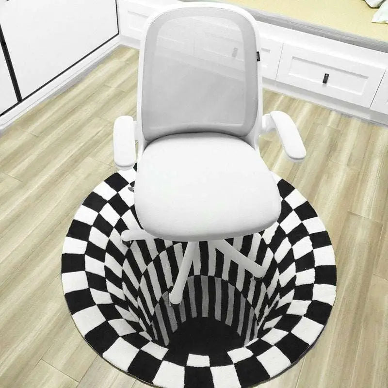 White ergonomic office chair with mesh back and padded seat on 3d vortex carpet black white grid optical illusion rug