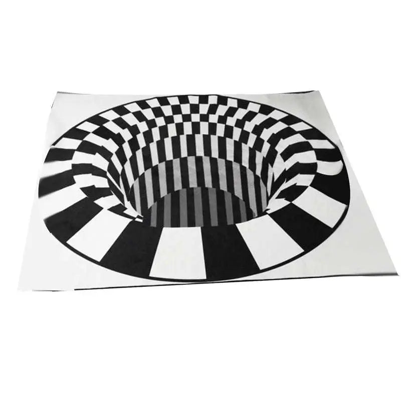 3d vortex carpet black with white grid optical illusion design creating a deep circular tunnel effect rug