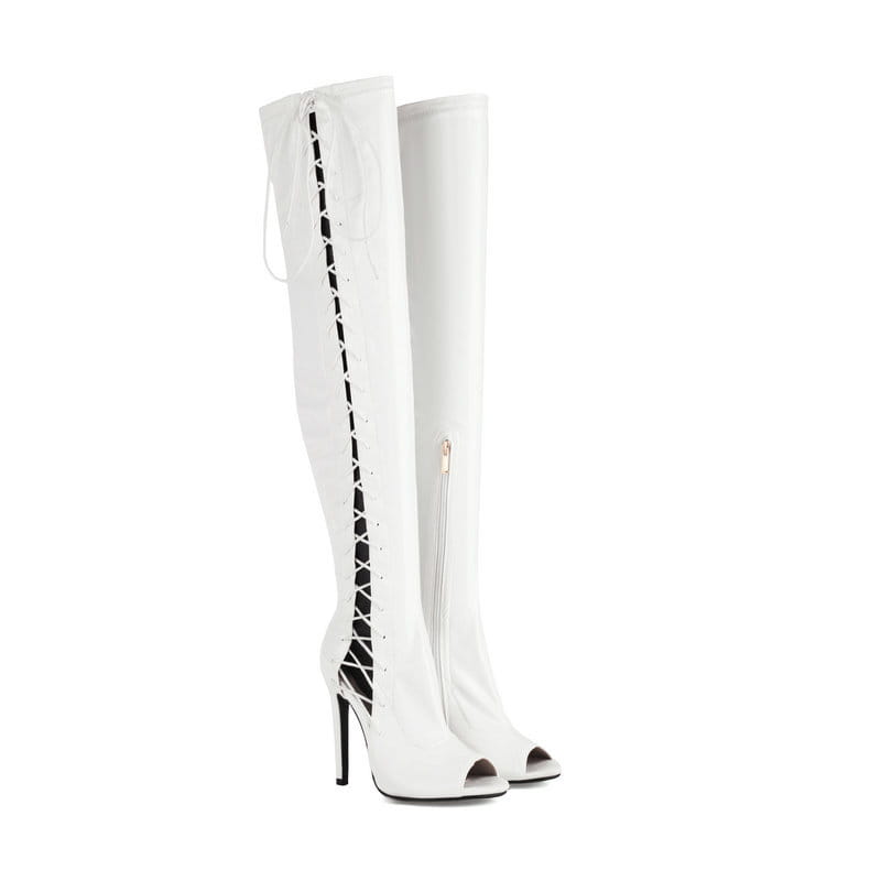 white patent leather female over the knee boots with lace up detailing, peep toe design, and high heel height