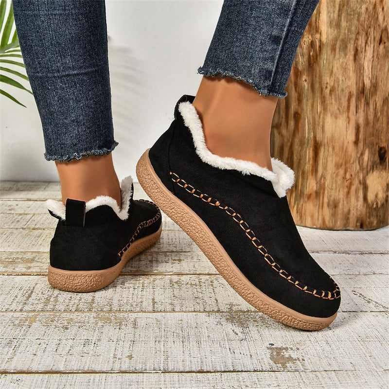Women's V-Cut Plush Lined Suede Ankle Snow Boots, Warm Flat Winter Boots
