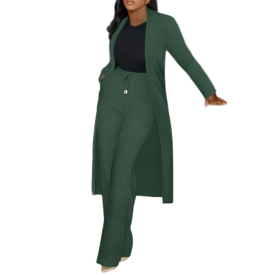 a dark green long cardigan sunken stripe set featuring a knit longline cardigan with a matching drawstring waist and sunken stripe wide leg pants