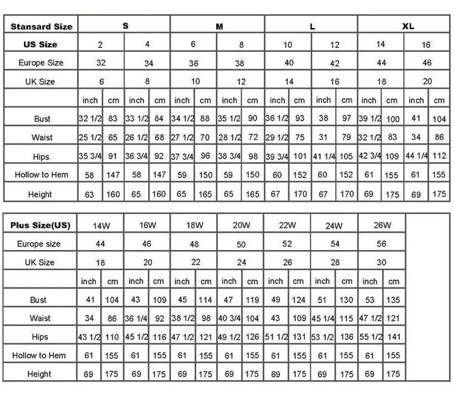 a detailed size conversion chart in inches and centimeters for a sexy suspenders gauze evening dress showing standard and plus sizes with corresponding us, europe, and uk measurements