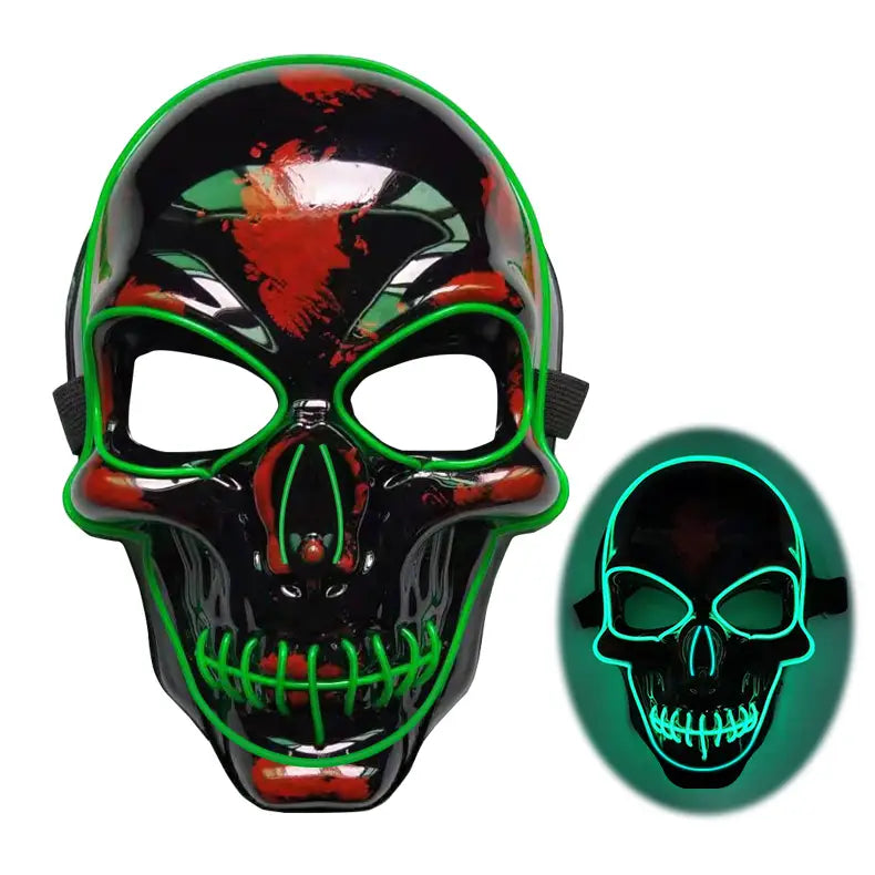 Black skull halloween skeleton mask with green neon led glow and red splatter accents designed for halloween use