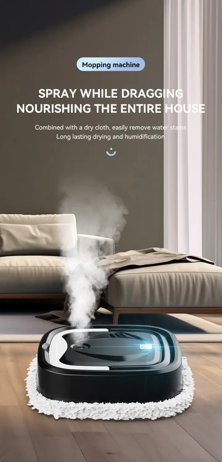 Black and white smart home wet and dry humidifier mopping machine with a fluffy absorbent cloth around its base for efficient cleaning.