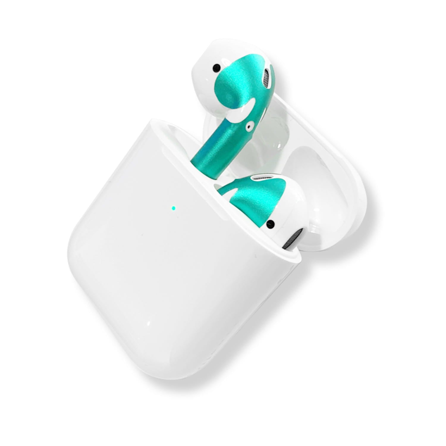 teal-colored apple airpods pro nestled in their white charging case featuring a gold glossy custom sticker skin for apple airpods 2