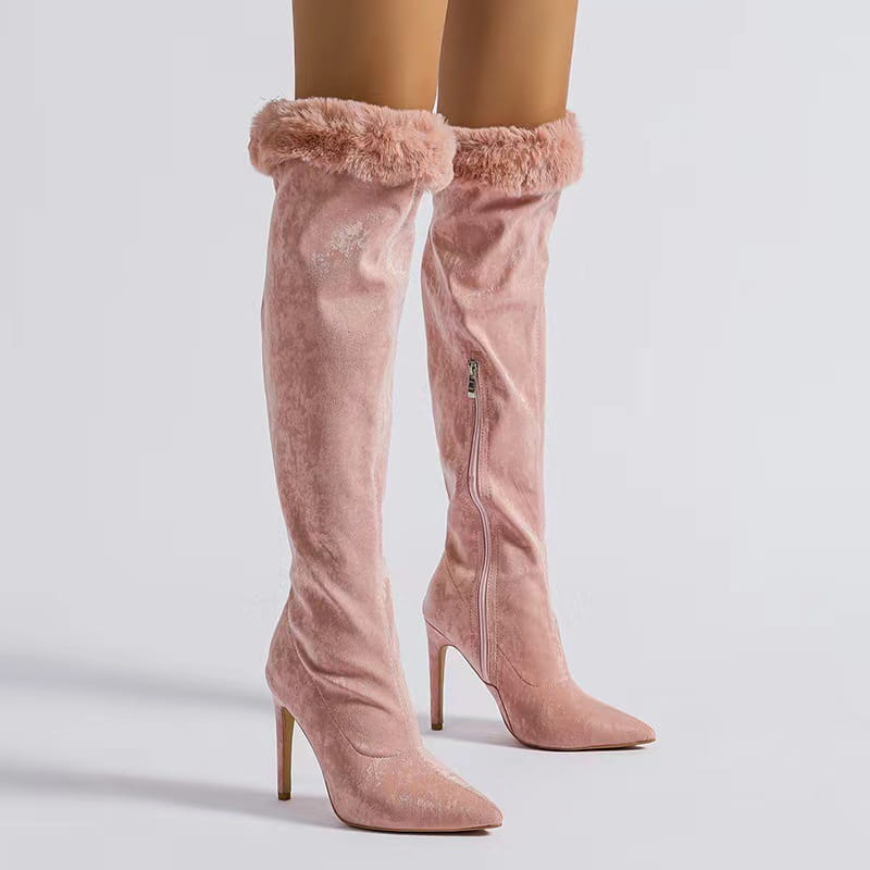pink suede heel high boots with fluffy faux fur trim at the top featuring a pointed stiletto fine heel design