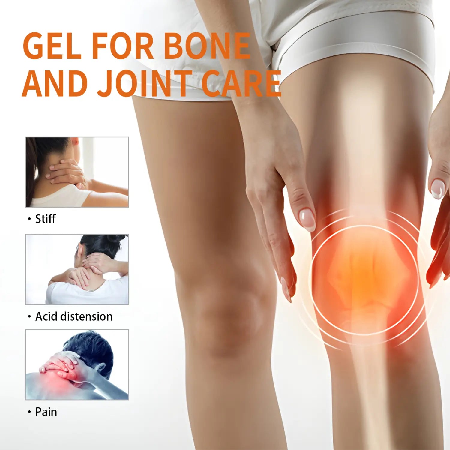 orange propolis joint care gel applied to a knee for muscle pain and joint care