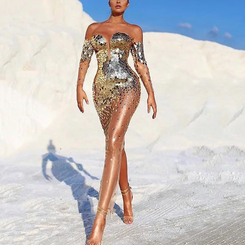 Elegant fairy banquet sequined bodycon dress with shimmering gold and silver polyester fiber main fabric and a sheer off-the-shoulder mesh overlay.