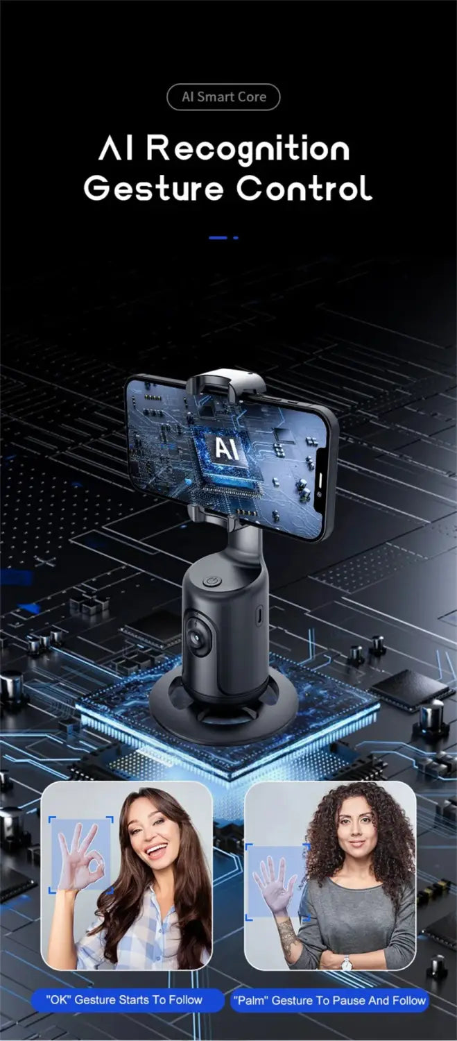 black ai smart face tracking gimbal phone holder with gesture control features and adjustable mount for precise face tracking and stable phone positioning