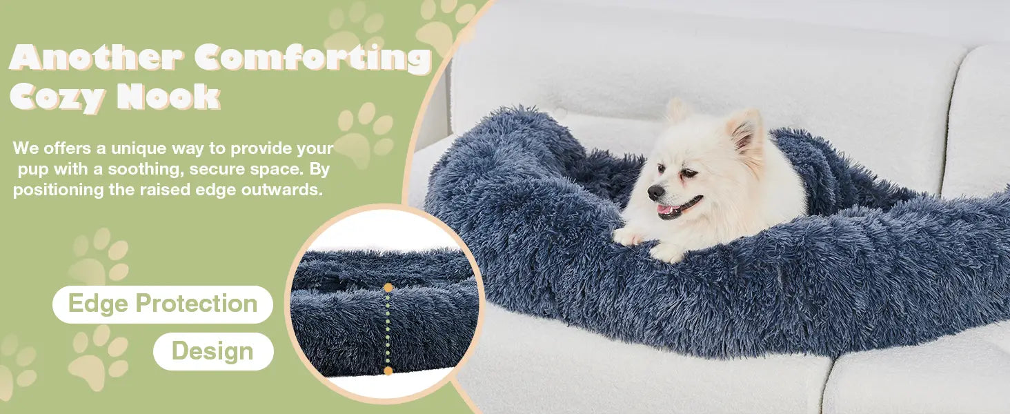 A plush navy blue fluffy plush dog couch bed with a soft fuzzy texture and raised edges for comfort couch bed mat.