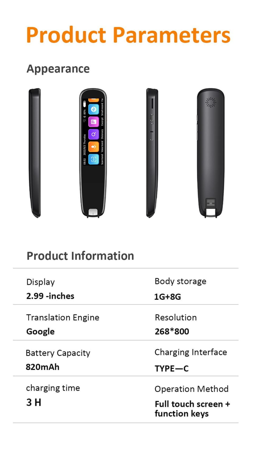 black handheld offline scanning translation dictionary pen with 2.99-inch touchscreen display and google-powered language engine featuring full touch screen and function keys for seamless on-the-go scanning translation communication
