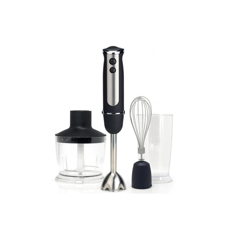 Black and stainless steel handheld food stick blender with interchangeable attachments for household handheld food preparation