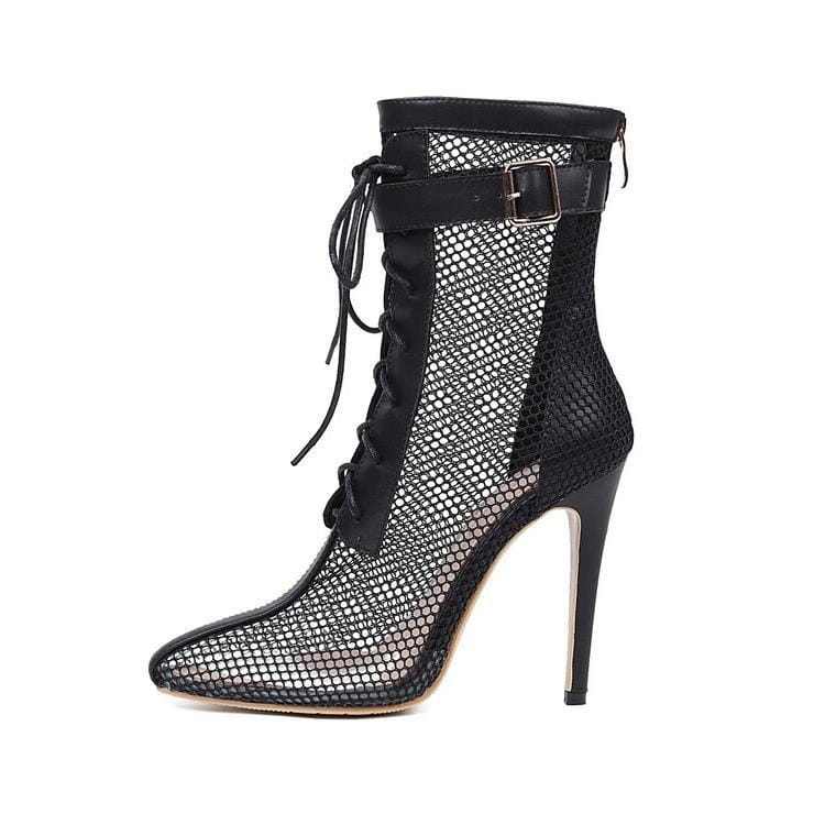 Black mesh ankle boot with lace-up front and silver buckle detail featuring a large size stiletto high heel design.