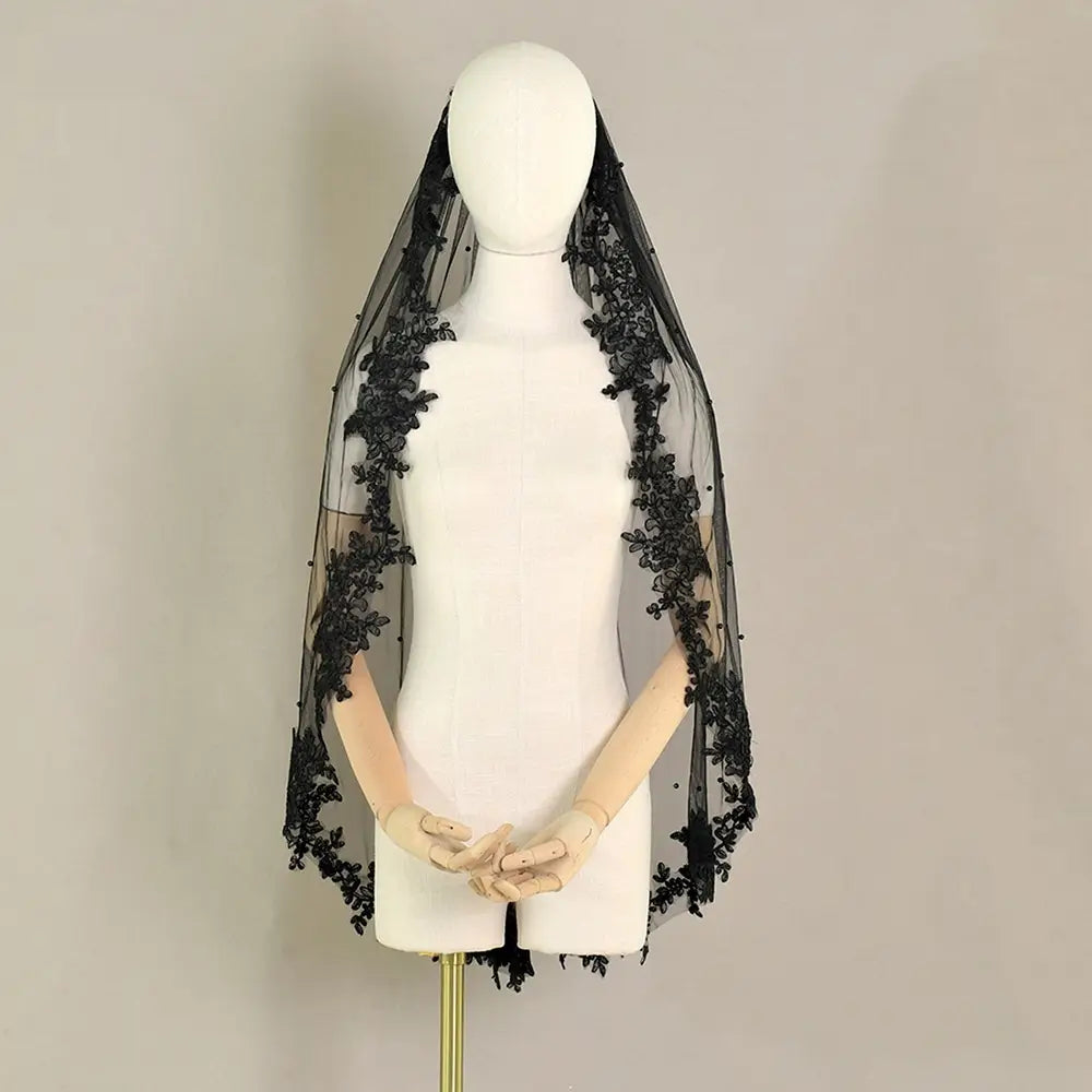 exquisite lace black veil featuring delicate floral embroidery and black veil pearl beaded detailing