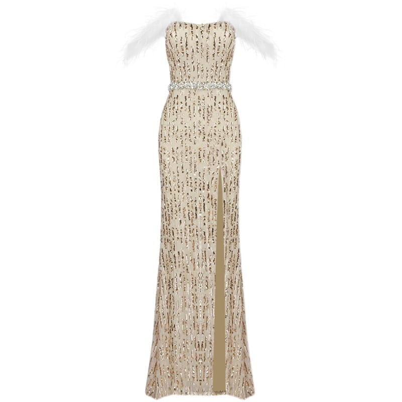 a shimmering champagne-colored feather raglan large slit evening gown adorned with vertical sequin stripes and a sparkling beaded waistband featuring delicate feathered shoulder accents