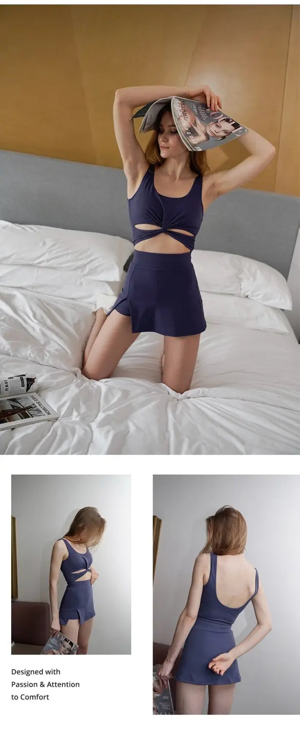 Navy blue two-piece swimsuit with cut-out details and backless design shown as back side in a product titled pink yoga clothes sports suit with pants skirt
