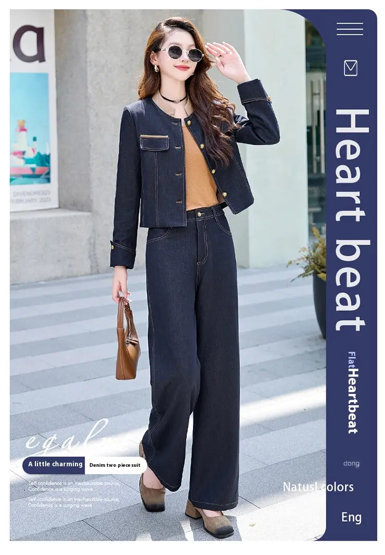 dark blue denim two-piece suit featuring a cropped jacket and wide-leg pants in an elegance retro casual style perfect for a casual denim jacket look.
