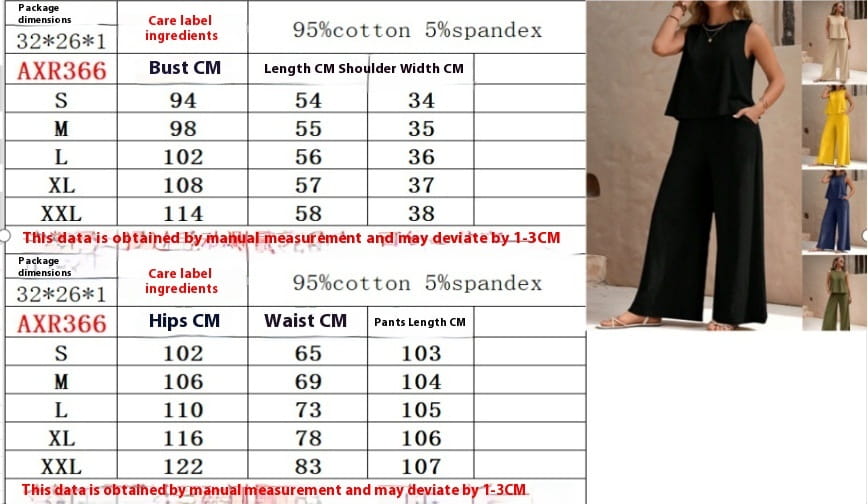 black casual loose pants set with sleeveless top made of 95 percent cotton and 5 percent spandex featuring casual loose wide-leg pants and a sleeveless top.