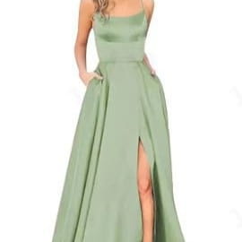 A flowing sage green satin evening gown with a solid color long slimming fit, fitted bodice, thin straps, and a high slit ideal for shoulder hollow girlfriends.