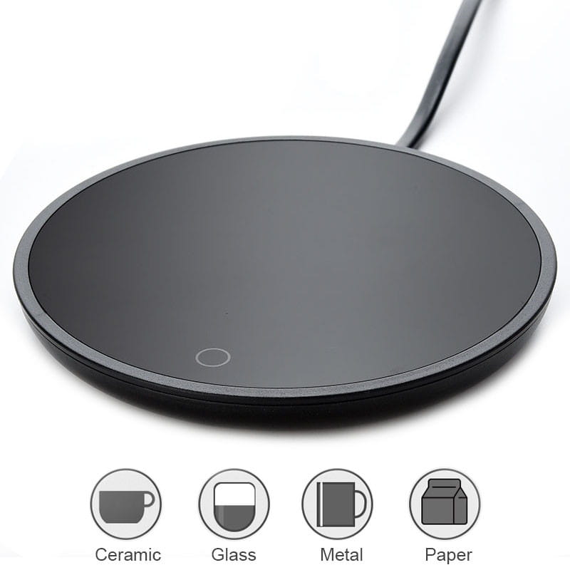 black ceramic wireless mug cup warmer with sleek circular design and smooth surface for tea and coffee