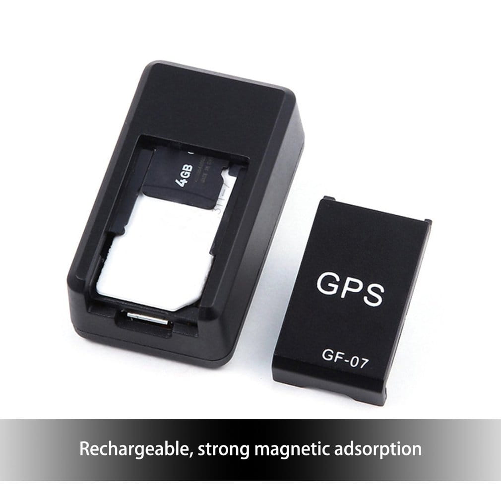 Black gf07 real time magnetic mini gps tracker with sim card support and 4gb memory card slot showing the back side of the device.