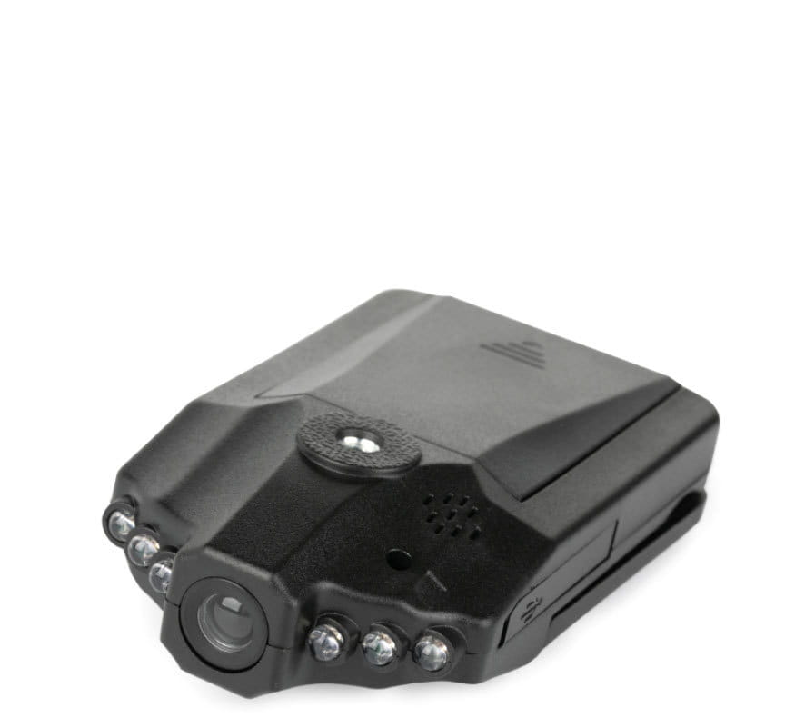 Black rugged driving recorder dash cam with multiple led lights and central lens designed with a suction cup mount for secure vehicle use.