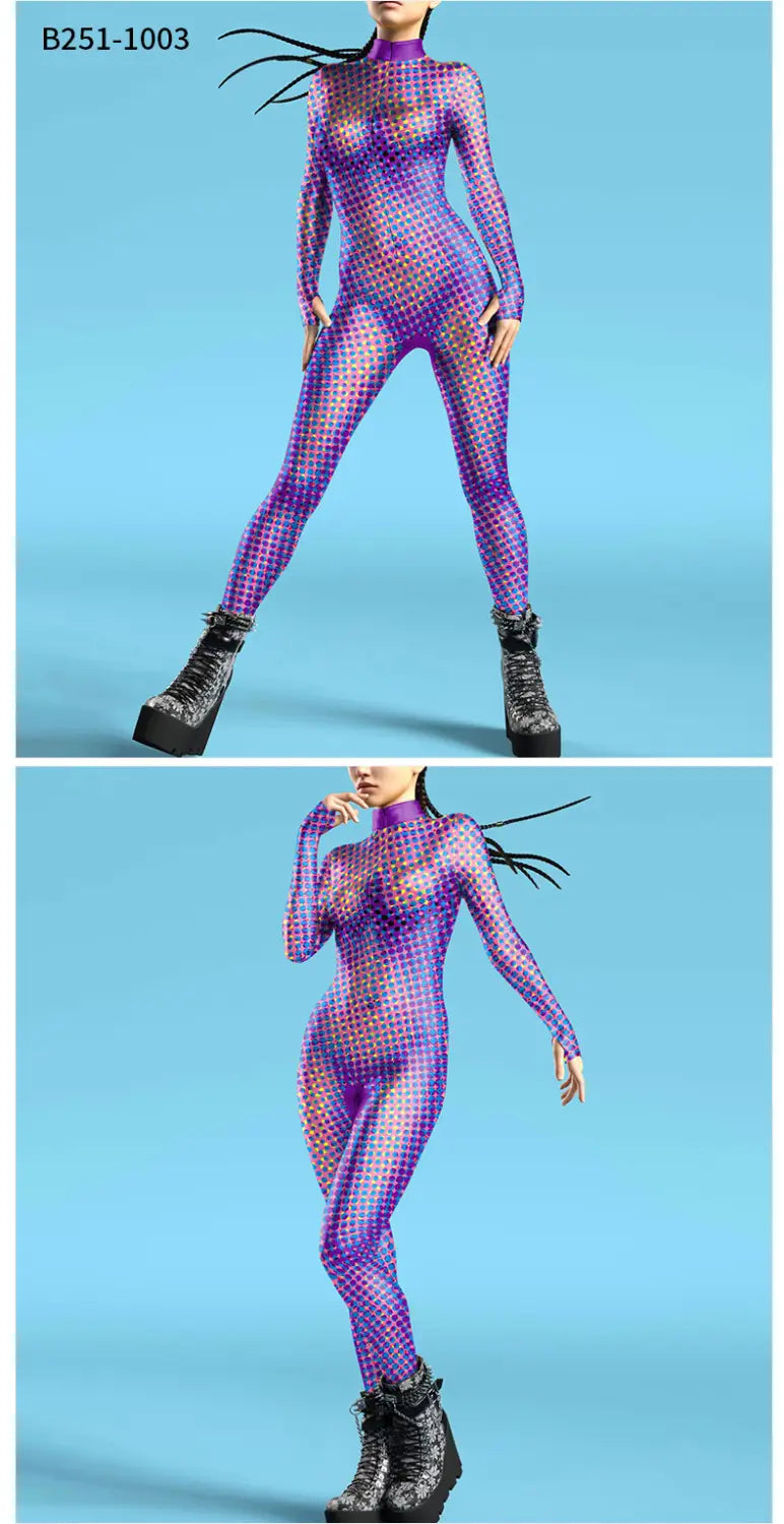 a form-fitting high-necked flame digital printed buttoned hand jumpsuit in a shimmering purple and pink gradient with a mesh pattern made from main fabric