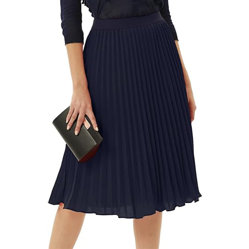 navy blue pleated midi skirt featuring large swing casual design ideal for everyday wear